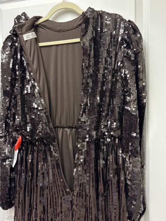 Mac Duggal Size 12 Brown 93642 Long Sleeve Sequin Tea Length Midi Cocktail Dress